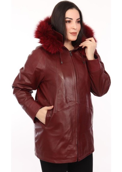 Hakiki Deri Bordo Kapşonlu Kürklü Kadın Ceket fiyatları