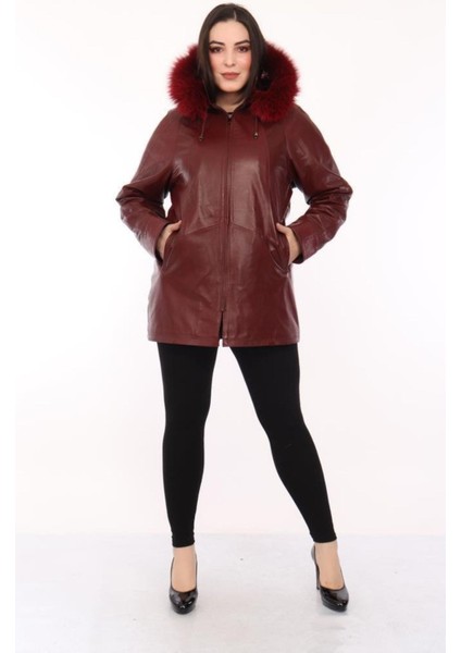 Hakiki Deri Bordo Kapşonlu Kürklü Kadın Ceket modelleri