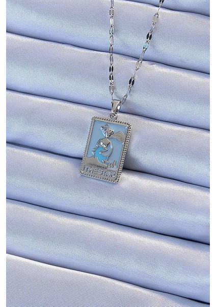 Bfs 316L Çelik Zincir Gümüş Renk Mavi Mineli Tarot Kolye