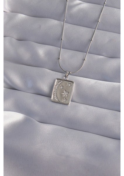 Bfs 316L Çelik Zincir Gümüş Renk Zirkon Taşlı Ay Yıldız Figürlü Tarot Kolye