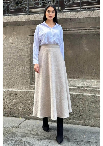 Vizon Yüksek Bel, Cepli, Kiloş Kesim, Kırçıllı Kaşe Uzun Etek