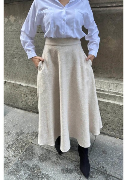 Vizon Yüksek Bel, Cepli, Kiloş Kesim, Kırçıllı Kaşe Uzun Etek fiyatları