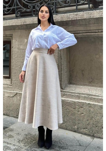 Vizon Yüksek Bel, Cepli, Kiloş Kesim, Kırçıllı Kaşe Uzun Etek fırsatları