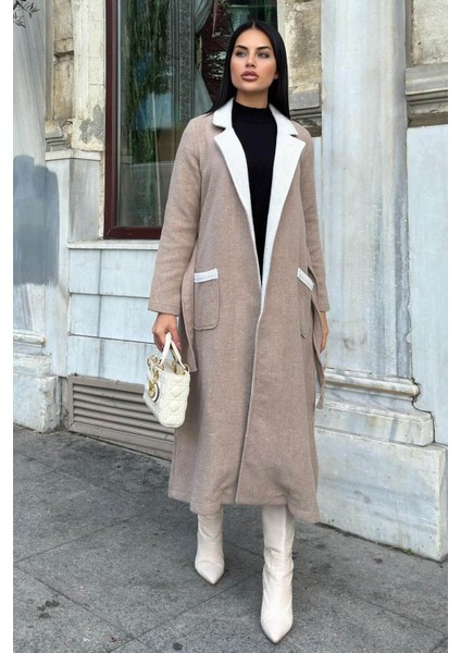 Bej Çift Taraflı Kruvaze Yaka, Kuşaklı, Yumoş Dokulu, Duble Kaşe Uzun Ceket modelleri
