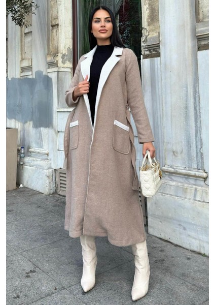Bej Çift Taraflı Kruvaze Yaka, Kuşaklı, Yumoş Dokulu, Duble Kaşe Uzun Ceket indirimleri
