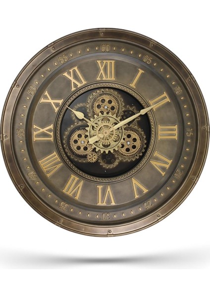 Mark Premium Serisi Antik Eskitme Kadranlı Döner Çarklı 60 Santimetre Ev ve Ofis Duvar Saati, Roma Rakamlı, Gold