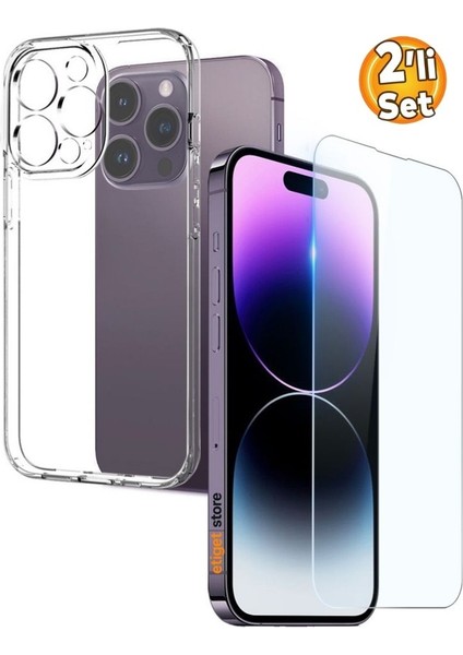 iPhone 14 Pro Max Şeffaf Kılıf + Cam Ekran Koruyucu Seti