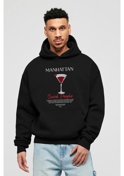 Manhattan Kokteyl Ön Baskılı Hoodie Oversize Kapüşonlu Sweatshirt Erkek Kadın