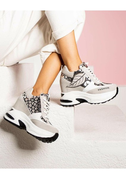 Whiteleaf Hafif Günlük 10 cm Yüksek Topuk Yaprak Desenli Kadın Sneaker