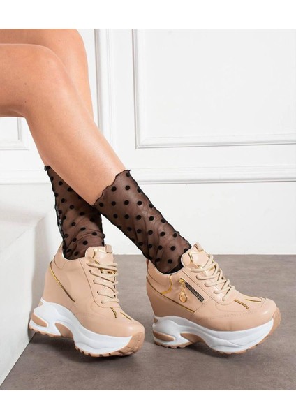 Creamluxe Fermuarlı 10 cm Yüksek Topuk Poli Taban Krem Kadın Sneaker