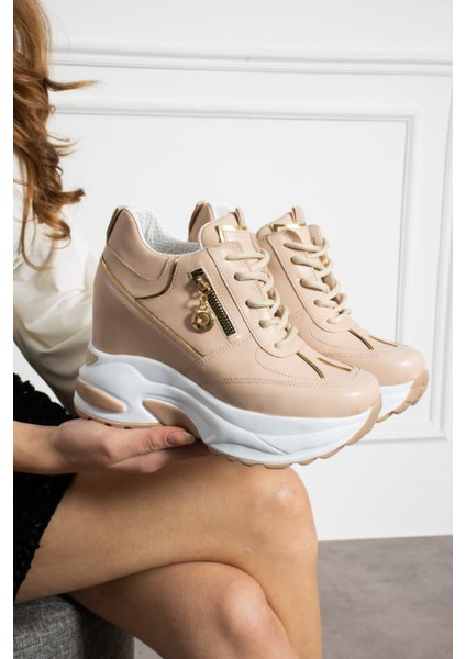 Creamluxe Fermuarlı 10 cm Yüksek Topuk Poli Taban Krem Kadın Sneaker fiyatları