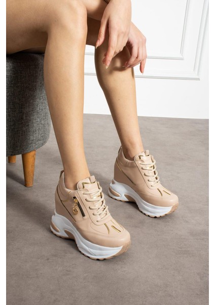 Creamluxe Fermuarlı 10 cm Yüksek Topuk Poli Taban Krem Kadın Sneaker fırsatları