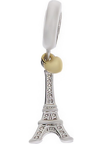 Kadın Eyfel Kulesi ve Gold Renk Kalp Model Gümüş Charm
