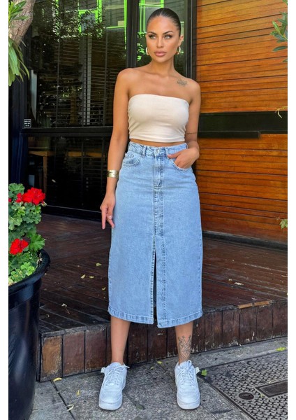 Açık Mavi Cepli Yırtmaçlı Uzun Denim Etek indirimleri
