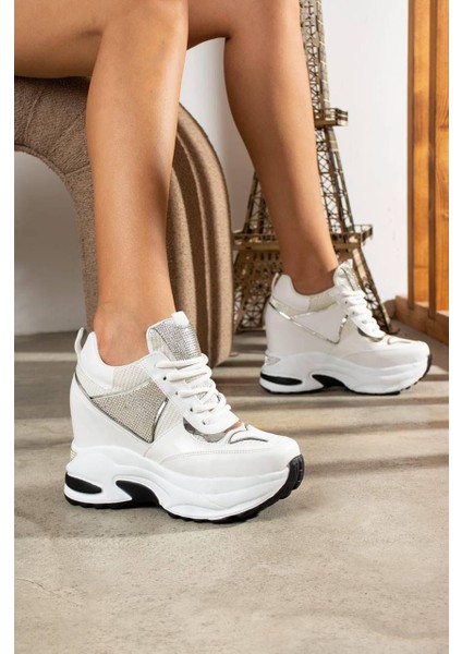 Pearlstep Beyaz Bağcıklı 10 cm Yüksek Topuk Günlük Sneaker