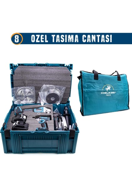 Akülü 7li Set Kırıcı Delici + 450NM Somun Sökme + 13MM Vidalama + Daire Testere + 125MM Avuç Taşlama + Dekupaj Testere + Powerbank ve LED