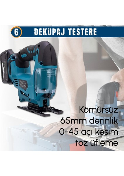 Akülü 7li Set Kırıcı Delici + 450NM Somun Sökme + 13MM Vidalama + Daire Testere + 125MM Avuç Taşlama + Dekupaj Testere + Powerbank ve LED