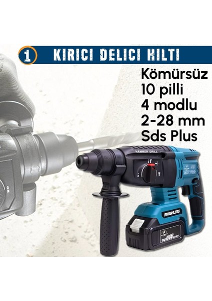 Akülü 7li Set Kırıcı Delici + 450NM Somun Sökme + 13MM Vidalama + Daire Testere + 125MM Avuç Taşlama + Dekupaj Testere + Powerbank ve LED