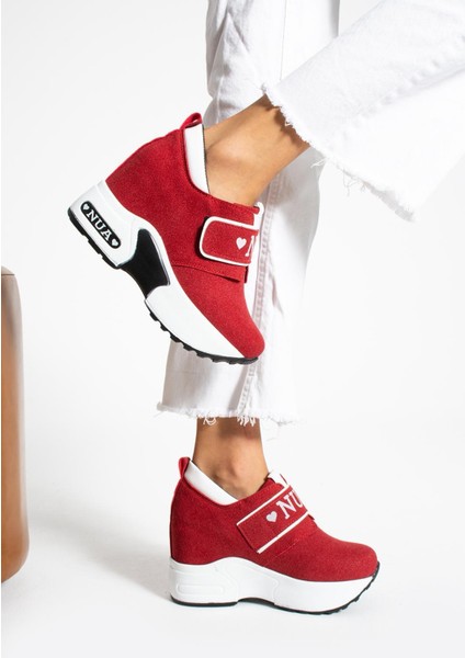 Rubypop Kırmızı Cırtlı 10 cm Yüksek Topuk Kadın Sneaker