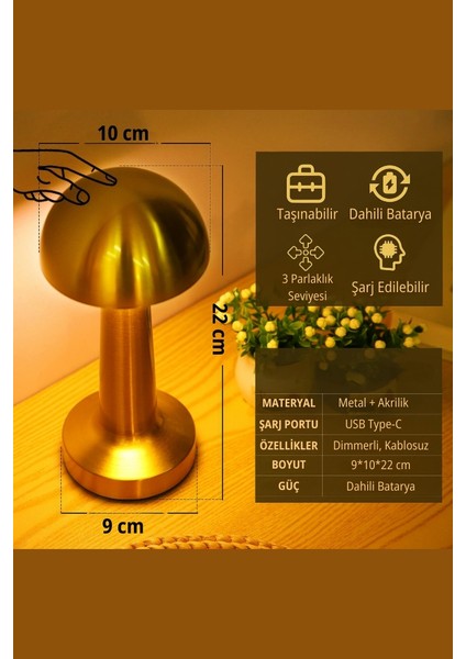 Gold Mantar Model Retro Şarjlı Masa Lambası- Dimmerli ve Enerji Tasarruflu LED Aydınlatma fiyatları