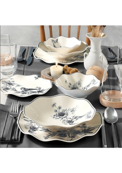 Nesrin 24 Parça Yemek Seti 6 Kişilik Antrasit Porselen Doğa Temalı