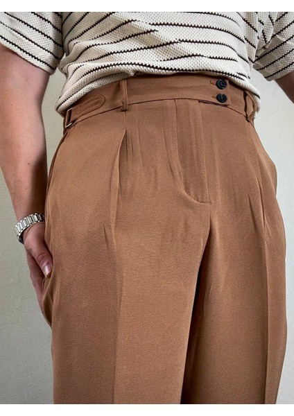 Erkek Kahverengi Yüksek Bel Pileli Kumaş Baggy Pantolon Modern Düğmeli Şık Yandan Kemerli