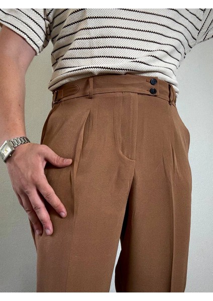 Erkek Kahverengi Yüksek Bel Pileli Kumaş Baggy Pantolon Modern Düğmeli Şık Yandan Kemerli modelleri