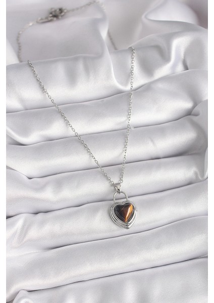 Bfs 316L Çelik Gümüş Renk Zincir Kilit Kalp Kehribar Boncuk Model Kadın Kolye fiyatları