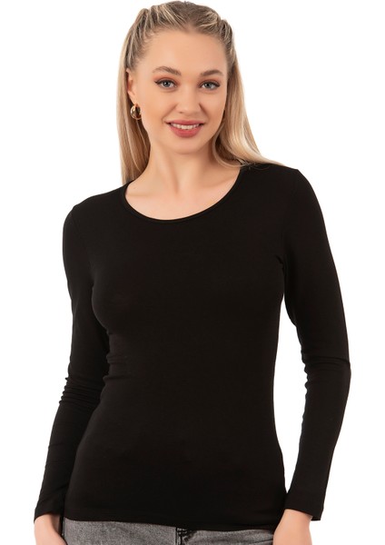 Özkan 7124 Kadın Premium Yumuşak Rahat Kumaş Viskon Bisiklet Yaka Uzun Kollu Örme Bluz