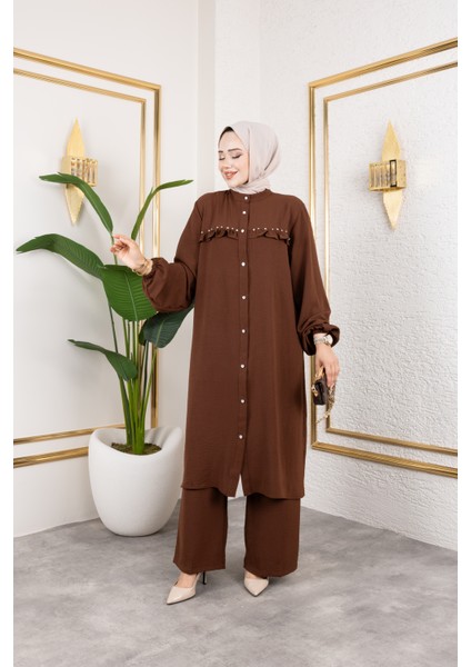 Ayrobin Kumaş Inci Detaylı Takım / T112 - Kahverengi indirimleri