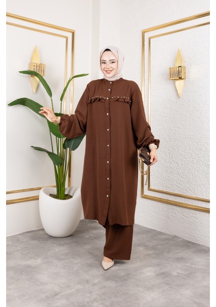 Ayrobin Kumaş Inci Detaylı Takım / T112 - Kahverengi