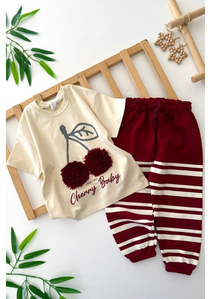 Kiraz Desenli Eşofmanlı Kız Çocuk 2 Li takım - Bordo