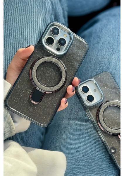 IPhone 13-14 Uyumlu Kılıf Simli Standlı Tasarım Premium Kapak
