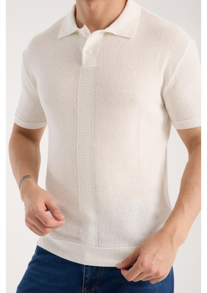 Erkek Polo Yaka Düz Dokulu Beyaz Kısa Kollu Triko Tişört