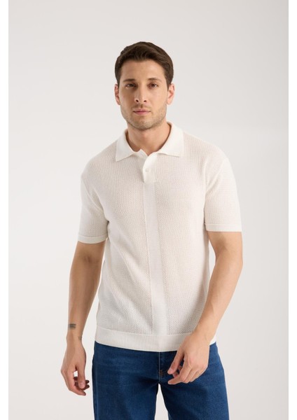 Erkek Polo Yaka Düz Dokulu Beyaz Kısa Kollu Triko Tişört fırsatları