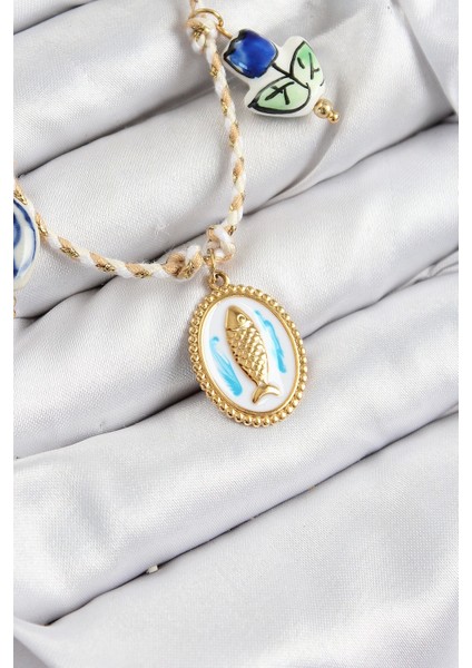 Seramik Motifli Balık Figürlü Model Krem Ip Kadın Kolye - TJ-BKO10400