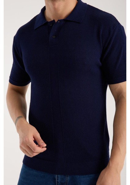 Erkek Polo Yaka Düz Dokulu Lacivert Kısa Kollu Triko Tişört