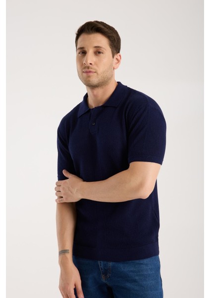 Erkek Polo Yaka Düz Dokulu Lacivert Kısa Kollu Triko Tişört fiyatları
