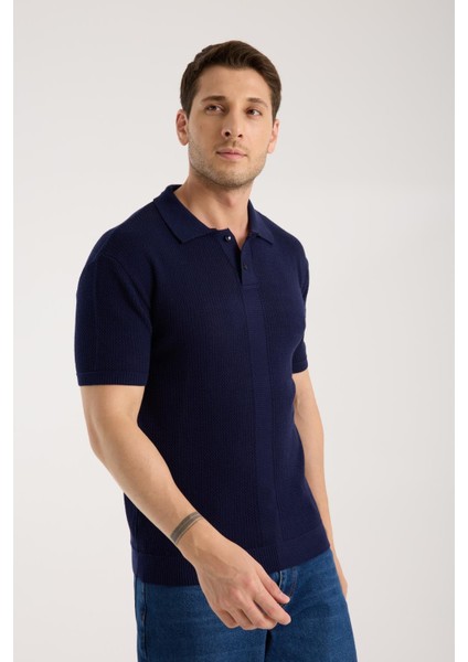 Erkek Polo Yaka Düz Dokulu Lacivert Kısa Kollu Triko Tişört modelleri