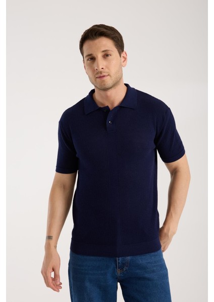 Erkek Polo Yaka Düz Dokulu Lacivert Kısa Kollu Triko Tişört fırsatları