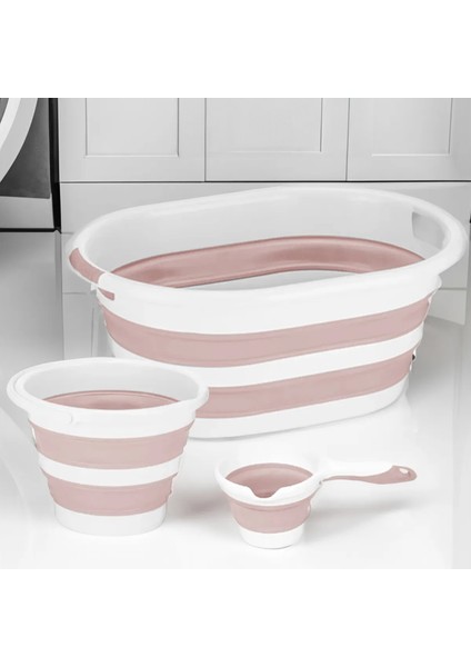 3'lü Temizlik Seti - Katlanır Sele Çamaşır Sepeti-Katlanabilir Su Kovası - Koçero Maşrapa Soft Pembe