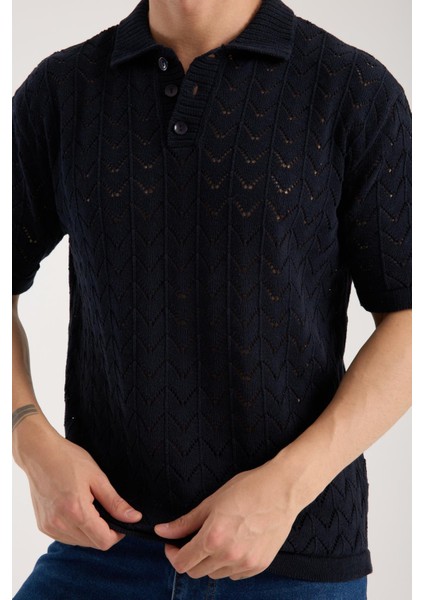 Erkek Polo Yaka Lacivert Zigzag Desenli Kısa Kollu Triko Tişört