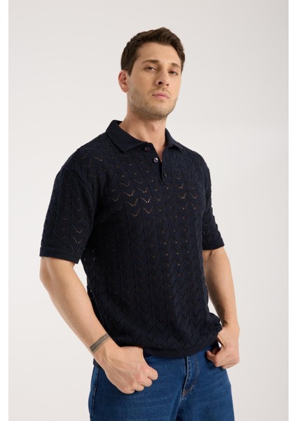 Erkek Polo Yaka Lacivert Zigzag Desenli Kısa Kollu Triko Tişört modelleri