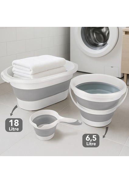 3'lü Katlanır Banyo Seti - Katlanabilir Silikon 18 Lt Çamaşır Sepeti Akordiyon Su Kovası Maşrapa