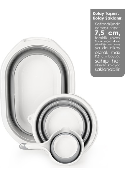 3'lü Katlanır Banyo Seti - Katlanabilir Silikon 18 Lt Çamaşır Sepeti Akordiyon Su Kovası Maşrapa fırsatları