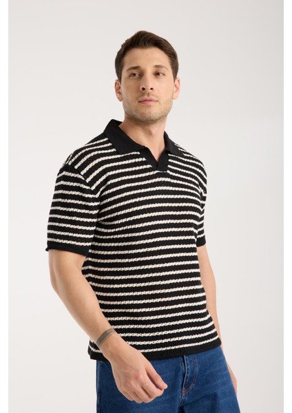 Erkek Polo Yaka Siyah Beyaz Çizgili Kısa Kollu Triko Tişört fiyatları