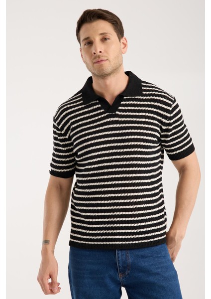Erkek Polo Yaka Siyah Beyaz Çizgili Kısa Kollu Triko Tişört modelleri