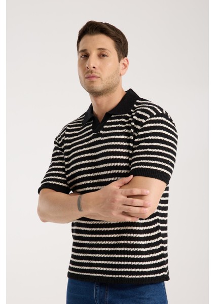 Erkek Polo Yaka Siyah Beyaz Çizgili Kısa Kollu Triko Tişört fırsatları