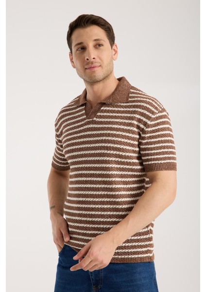 Erkek Polo Yaka Kahverengi Beyaz Çizgili Kısa Kollu Triko Tişört fiyatları