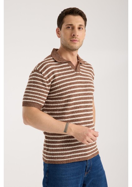 Erkek Polo Yaka Kahverengi Beyaz Çizgili Kısa Kollu Triko Tişört modelleri